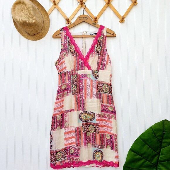 Vtg 90s Y2K Surplice Sheath Dress Size M V Neck Mesh Paisley Print Lace Pink - Picture 1 of 8